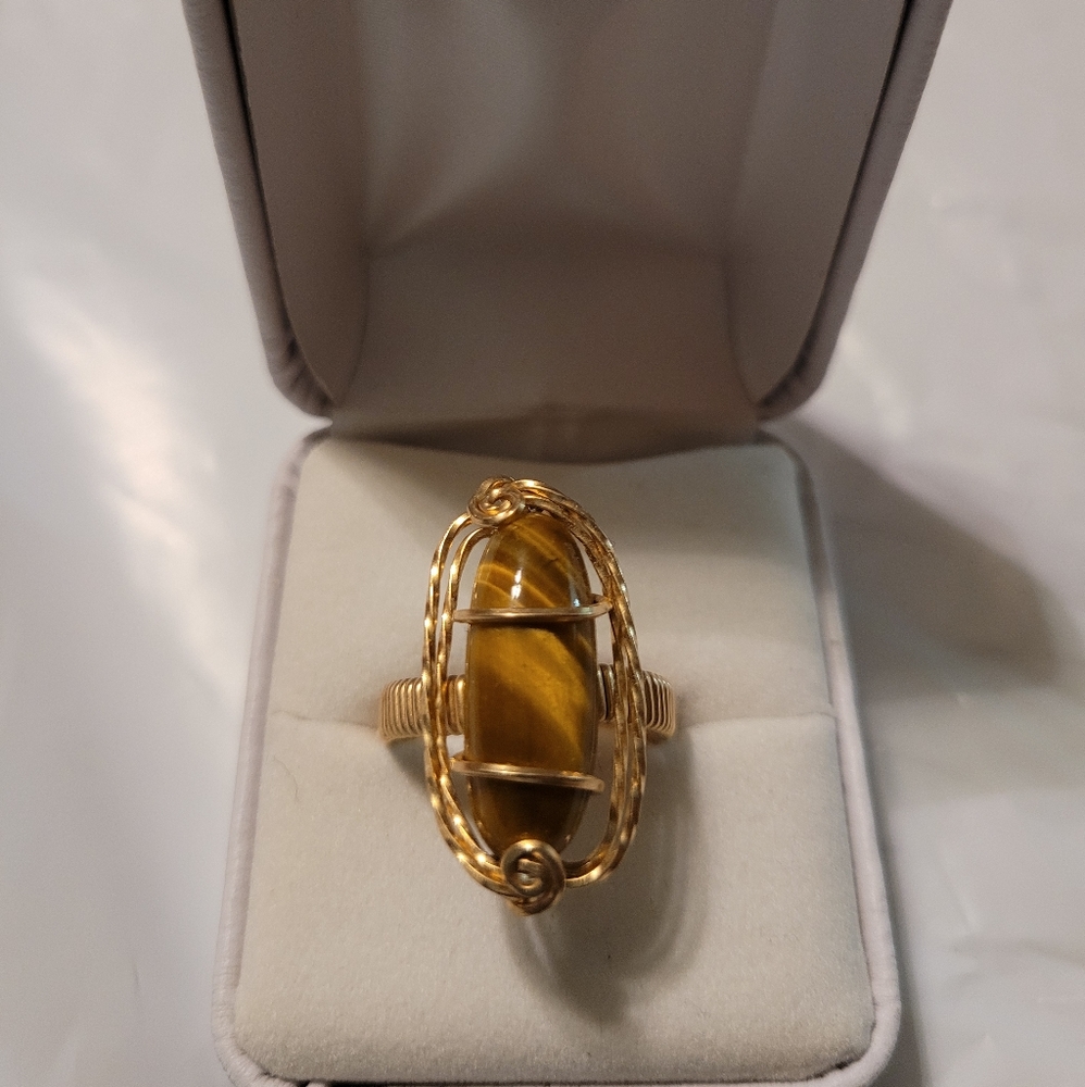 Tiger'seye and gold wire wrapped ring